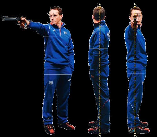 Position de tir au pistolet — illustration officielle FFTIR (vues de face, de profil et de dos)